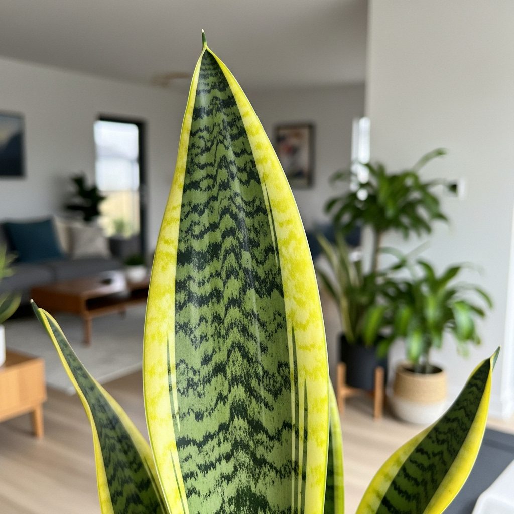 "Close-up de folhas da Espada-de-São-Jorge em detalhes, com suas bordas afiadas e listras amarelas brilhantes. O foco é em uma única folha, destacando a textura rígida e a cor vibrante da planta. Ao fundo, um ambiente de sala com decoração de interiores contemporânea, com plantas e móveis modernos."
