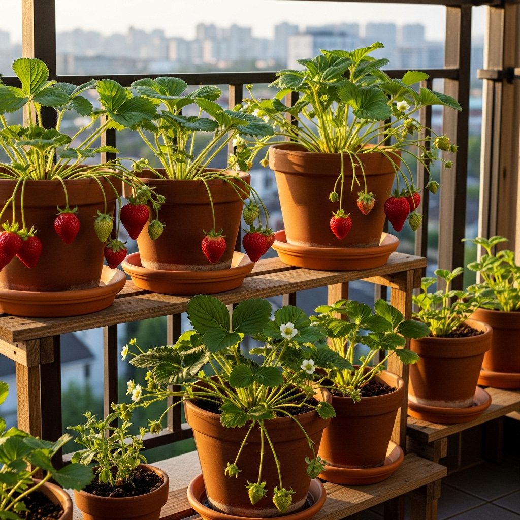 morango em vaso na varanda